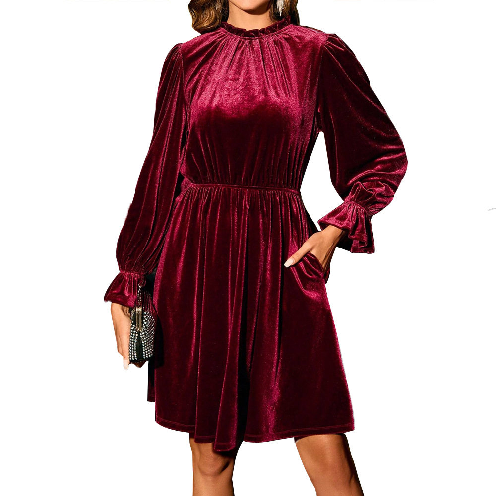 Velvet Party Dress Elegant A Line Silhouette Half High Neck Waist Defining Comfortable Fit Perfect for Evening