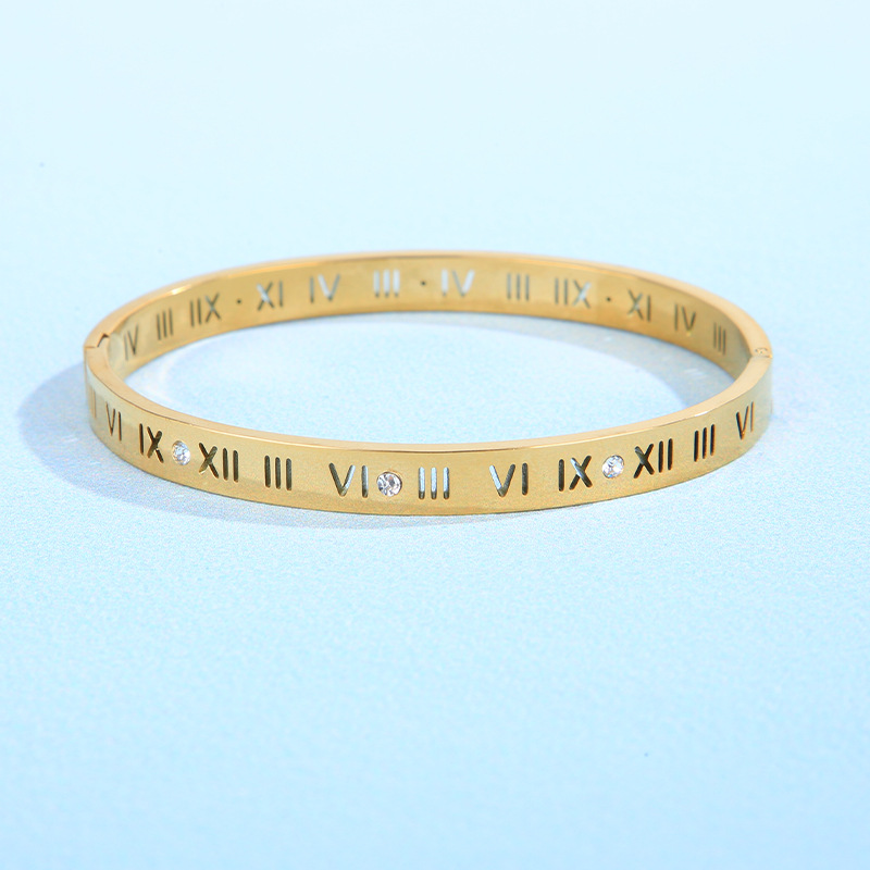 手镯银色不锈钢素圈子开口手环镂空罗马数字钛钢批发女士饰品