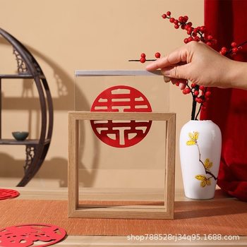 Creative Double-Sided Transparent Glass Photo Frame with Happy Words, Paper-Cut Plants, Framed Leaf Specimens, Stereo Table Picture Frame