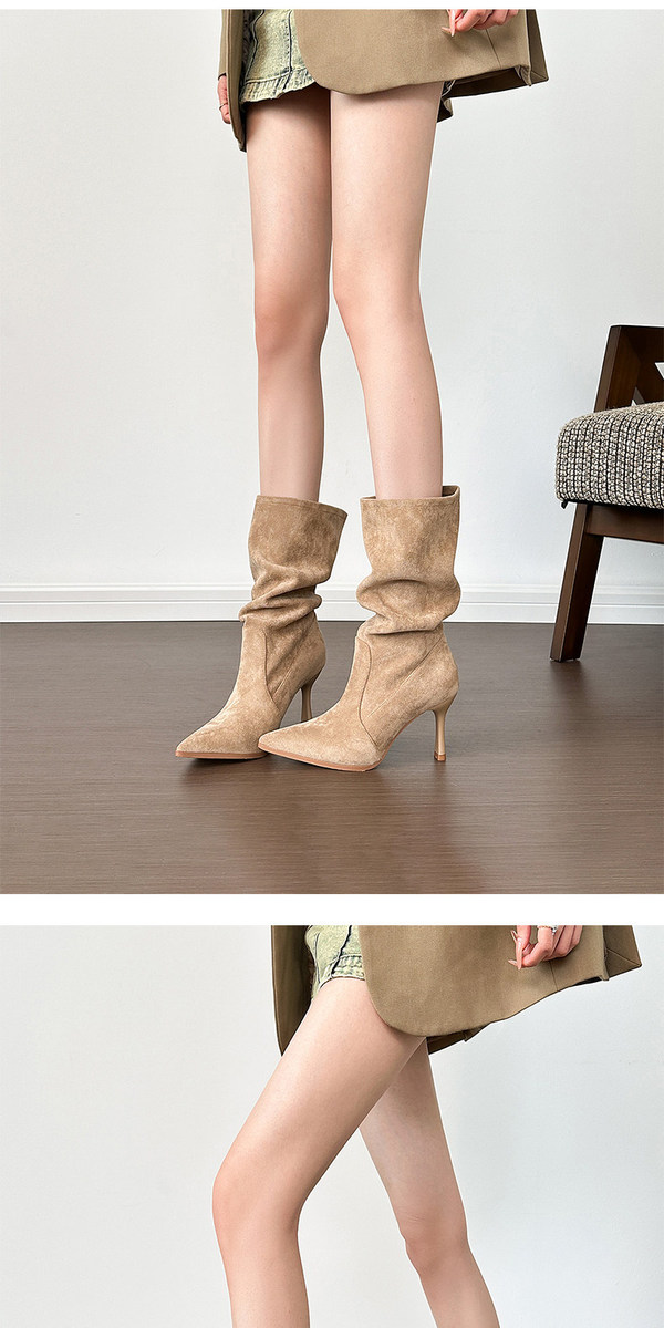 Boot nữ cổ trung gót nhọn da lộn mũi tròn phong cách thanh lịch — Lớp lót đơn màu đen, Lớp lót đơn màu kaki, Lót nhung đen, Lót nhung màu kaki