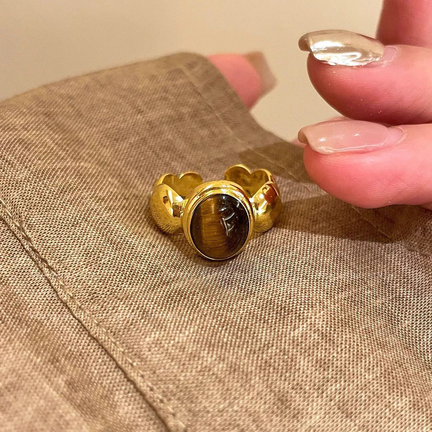 韩国轻奢高级感锆石珍珠戒指女复古小众设计蝴蝶结指环戒开口手饰