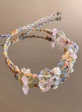 新中式莫奈花园蝴蝶碎石手链编织手绳森系治愈小红书同款编织手饰