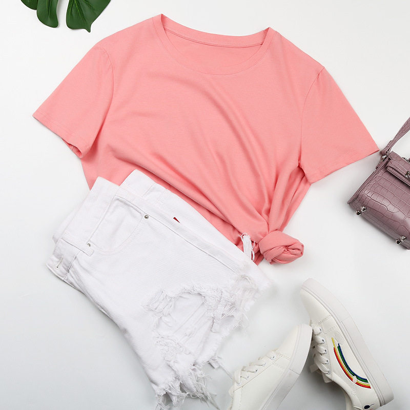Womens Basic Round Neck Short Sleeve T Shirt 100 Cotton Solid Color Summer Style Wholesale Available