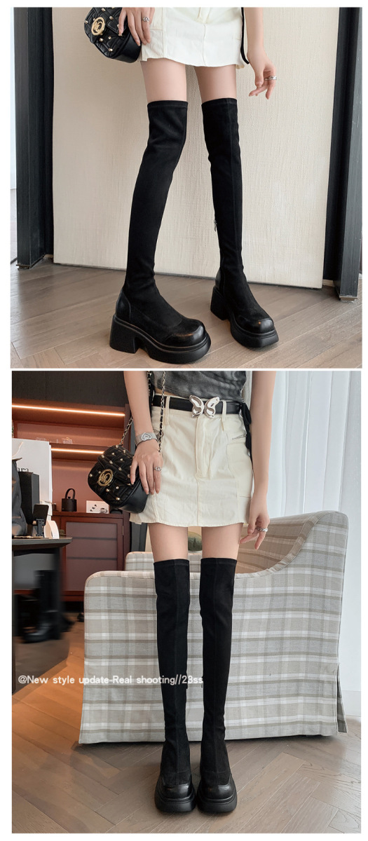 Boot nữ cổ cao quá gối gót vuông 7.5cm phối da bò và vải co giãn — Lót nhung ống lớn màu nâu, Lót nhung ống nhỏ màu nâu, Màu đen ống lớn lót nhung bên trong, Màu đen ống nhỏ lót nhung bên trong
