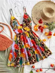 Fashion Women's Flower Print Hollow Sling V-Neck Backless Sexy Vacation Shoulder Strap with Stretchy Strap Beach Dress Women