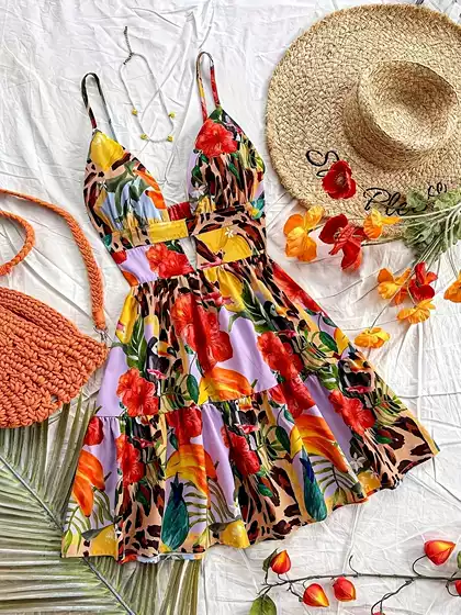 Fashion Women's Flower Print Hollow Sling V-Neck Backless Sexy Vacation Shoulder Strap with Stretchy Strap Beach Dress Women