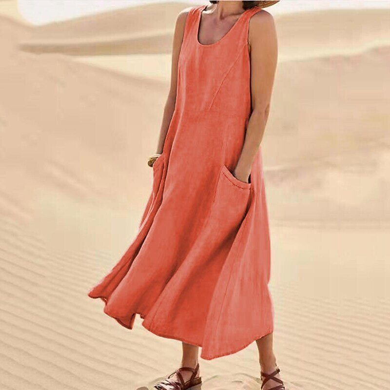 Summer Womens Cotton Linen Dress Sleeveless Round Neck Pocket Design Casual Wear for Everyday Use Wholesale