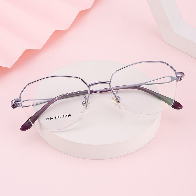 Women's Metal Half-Frame Polygonal Eyeglass Frames, Versatile Plain Style, Wholesale Danyang Eyeglasses for Nearsightedness