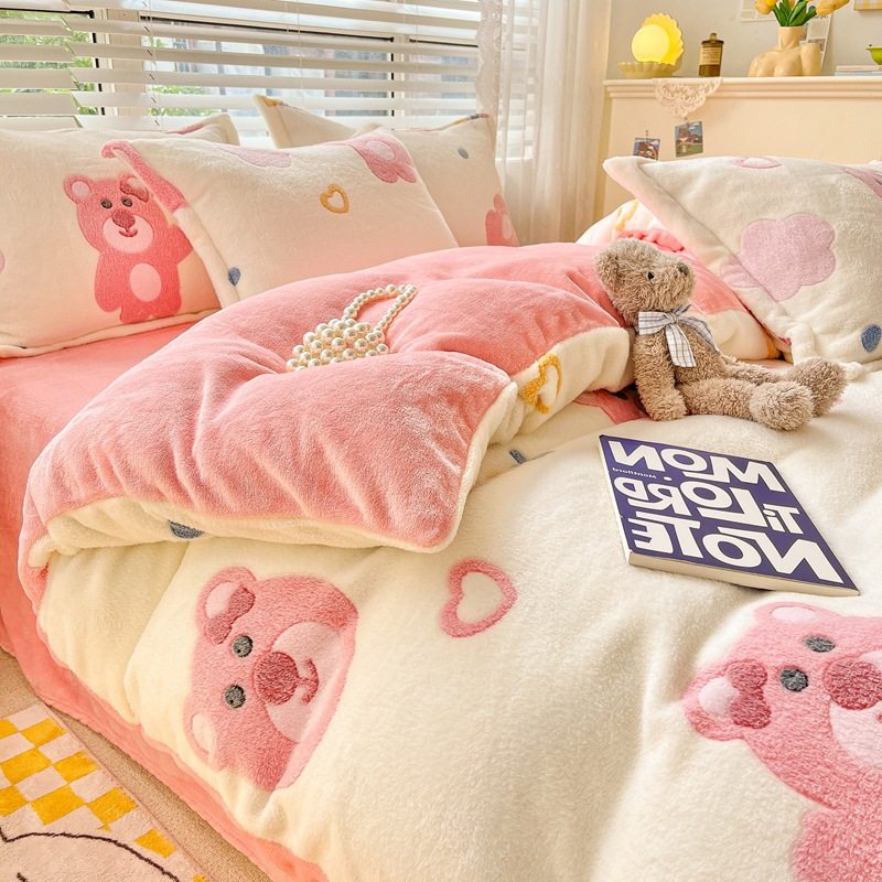 Milk Velvet Bed Four-Piece Set Fleece-Lined 3A Type Snowflake Velvet Three-Piece Dormitory Set 5D Carved Velvet Quilt Cover Thickeneded Version