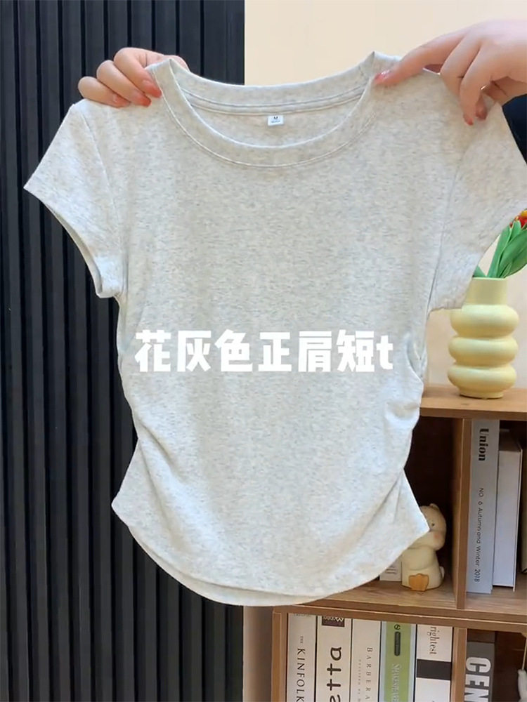 92棉蓝色正肩短袖T恤女装夏季修身显瘦洋气褶皱收腰短款体恤上衣