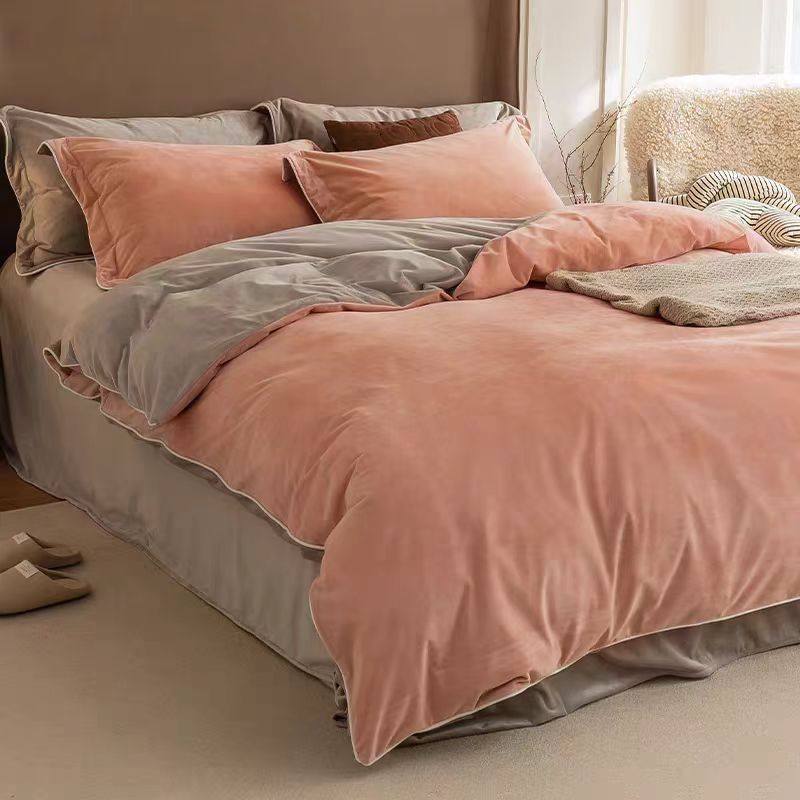 Light Luxury and High-End Thickened Milk Velvet Four-Piece Set, Winter Warm Coral Velvet Duvet Cover, Anti-Static Bed Sheet Three-Piece Set