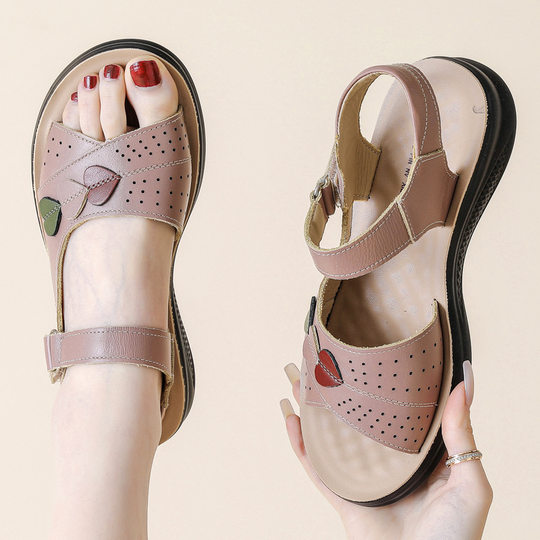 真牛皮中老年妈妈凉鞋女新夏法式配裙子厚底松糕按摩平底罗马凉鞋