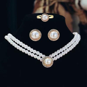 French Retro Elegant Pearl Necklace Stud Earrings Set Bridal Wedding Accessories Double Clavicle Chain Necklace Chain