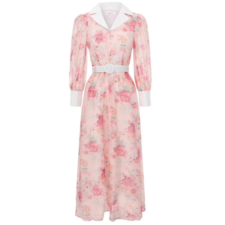French Romantic Rose Print Lantern Sleeve Dress Elegant Waist Tie Design Flared Hem Perfect for Spring and Autumn