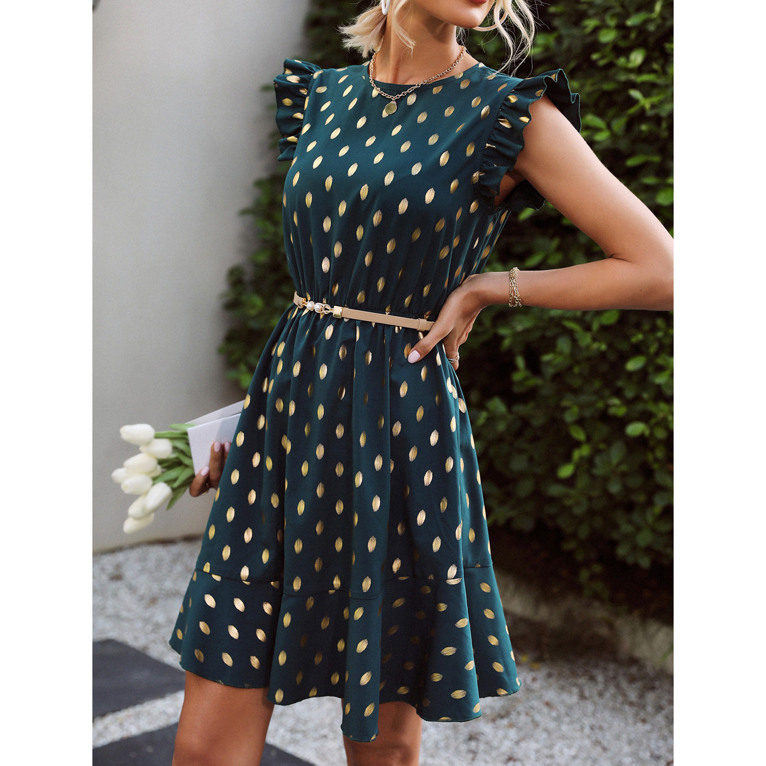 Sleeveless Polka Dot Dress Elegant Round Neck Chic Commuter Style Perfect for Spring and Summer Wholesale Available