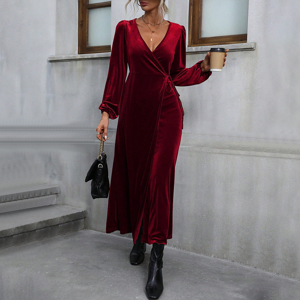 Velvet Midi Dress Elegant Burgundy Color Party Style Spring Summer Collection Wholesale Available