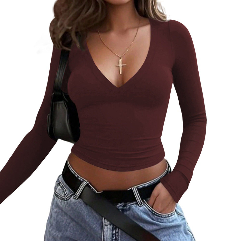 Vintage American Style Burgundy V Neck Stretch Fitted Top Long Sleeve Slim Fit Layering Essential Spring Summer