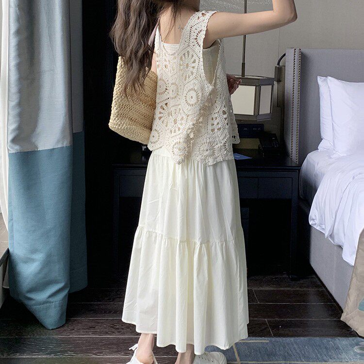 Korean Style Crocheted Cut Out Vest Vest Dress Suit for Women 2025 Summer New High-End Slimming Look and Flesh-Covering Two-Piece Set