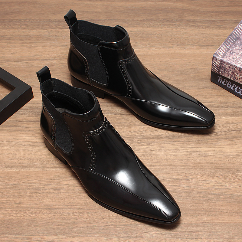 Giày Chelsea boot nam da bò mũi nhọn, cổ vừa, đế cao su — Màu đen, Màu vàng nâu