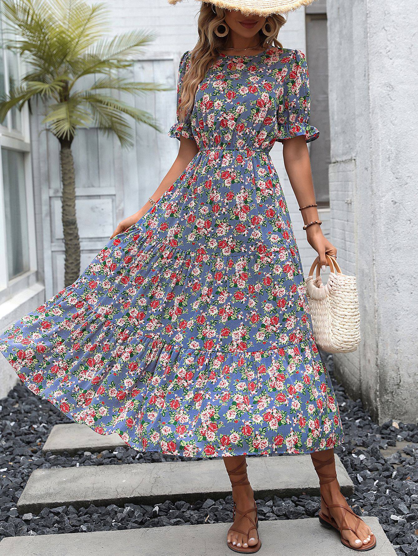 Womens Autumn Pullover Dress Floral Print Backless Loose Fit Casual Wear for Fall Wholesale Available