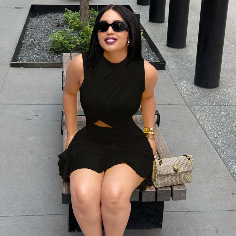Solid Color A Line Dress for Women Ruffled Waist Hollow Out Design Short Sleeve Casual Style Wholesale Available