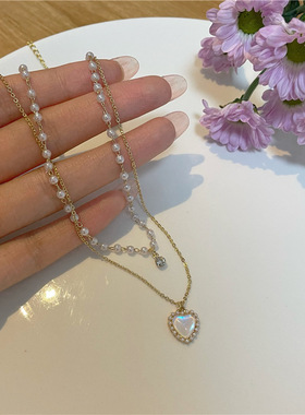 珍珠爱心双层项链女2025年新款小众设计简约百搭时尚锁骨链配饰