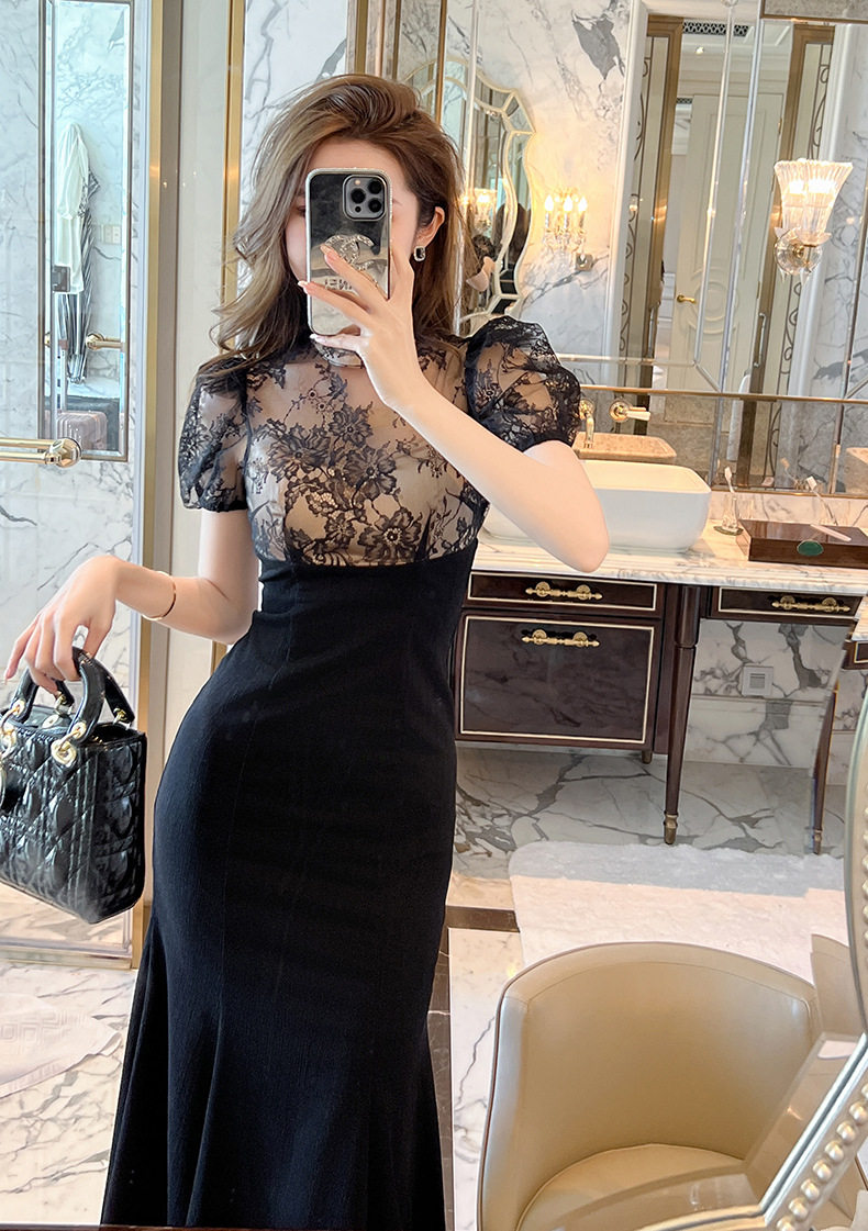 Đầm ren nữ cổ tròn ôm body eo cao tay ngắn — [Đen] chi tiết 18