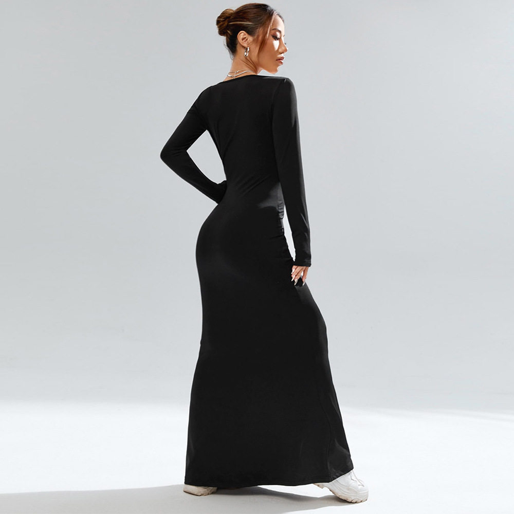 Black Knit Long Sleeve Bodycon Dress Square Neck Sexy Fit Elegant Style Perfect for Parties and Gatherings