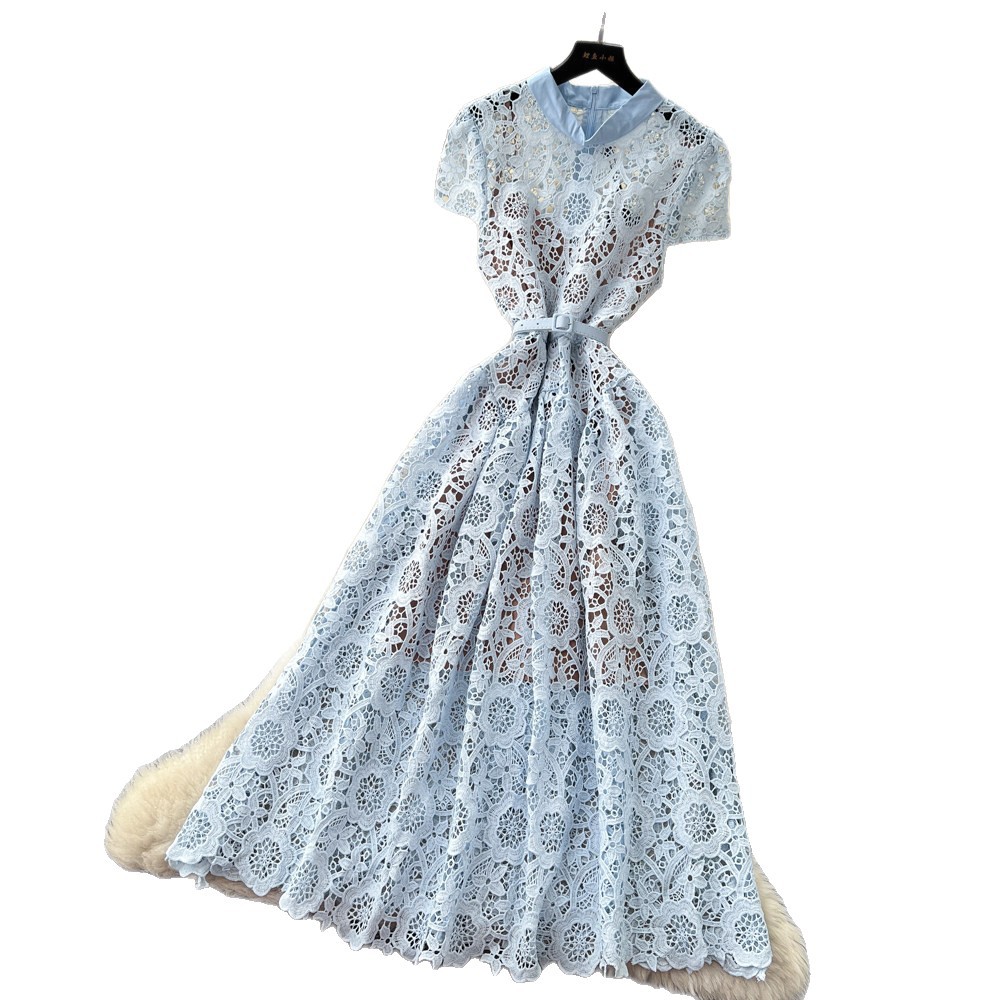 Lace Hollow Out A Line Dress Sweet Design High Waist Elegant Style Summer Office Wear for Women Wholesale Available
