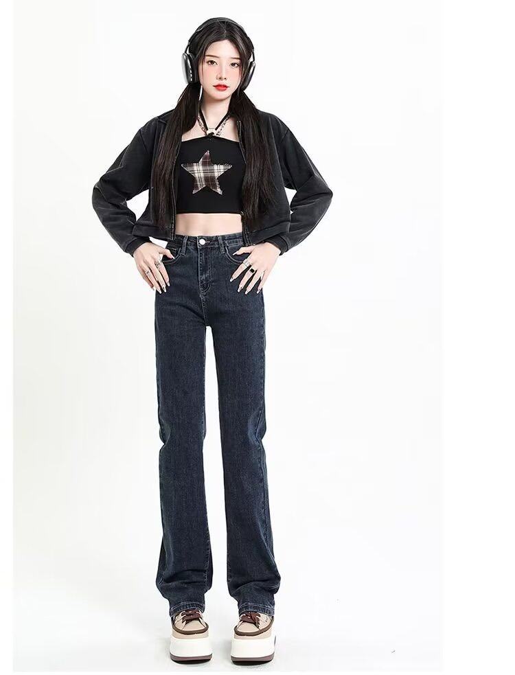 High Waisted Straight Leg Jeans for Women Korean Style Loose Fit Stretch Fabric Slimming Effect Casual Wear for
