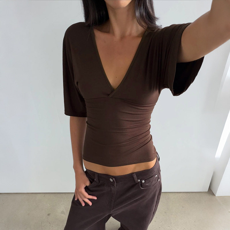 Womens Summer T Shirt Solid Color Slim Fit Deep V Neck Short Sleeve Versatile Casual Wear Wholesale Available