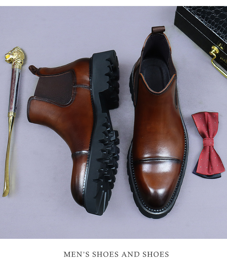 Giày boot nam cổ thấp da bò thật đế dày kiểu công sở — Màu đen, Màu cà phê