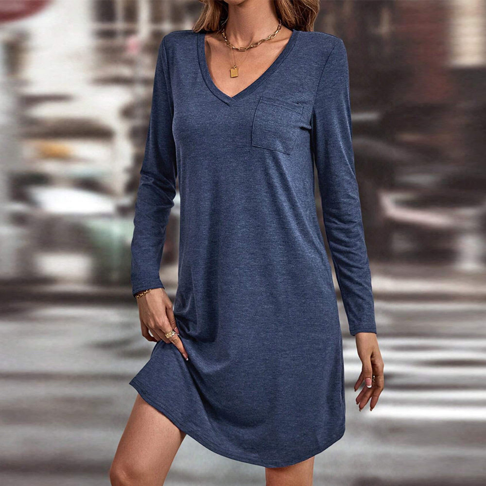 Loose Fit Solid Color Long Sleeve Dress V Neck Casual Style Spring Summer Fashion Wholesale Available