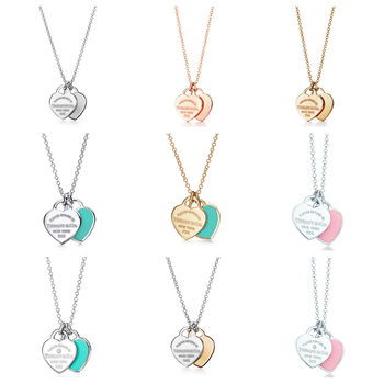 T family classic love double heart pendant necklace women's red green pink enamel necklace light luxury simple manufacturers