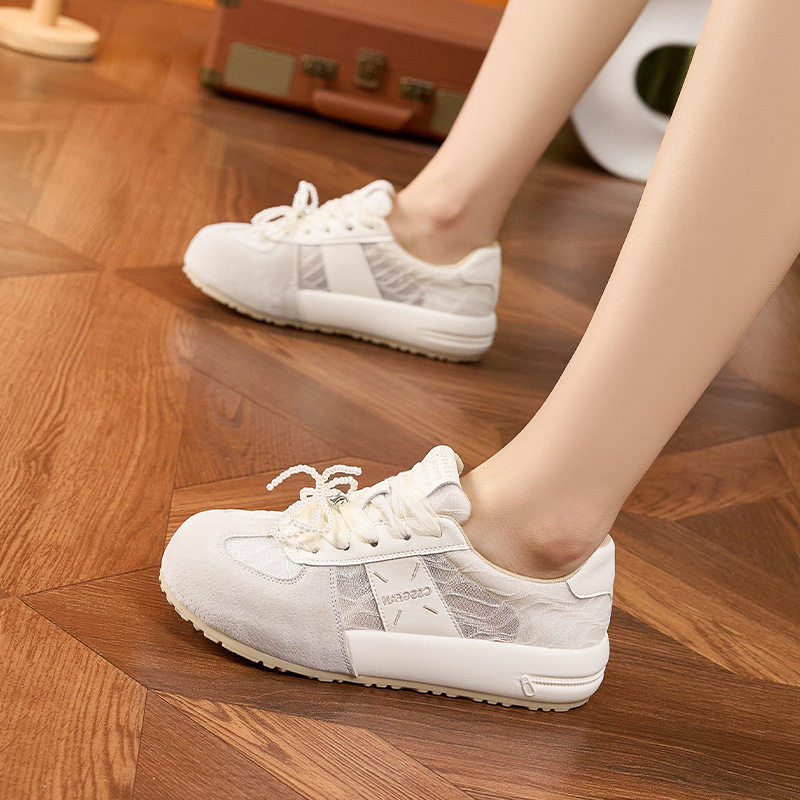 Giày sneaker nữ chạy bộ mesh thoáng đế dày chống trượt gót 3-5 cm — Hình cầu, Bột gạo trắng, Len nguyên chất