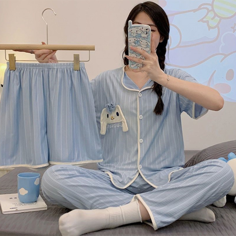 跨境睡衣女夏季短袖短裤玉桂狗刺绣蝴蝶结可爱少女宽松家居服套装