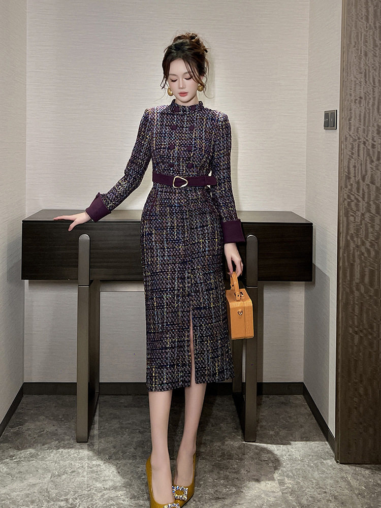 Đầm tweed nữ dài tay hai hàng khuy thắt eo ôm hông — Màu tím, Màu cà phê sữa