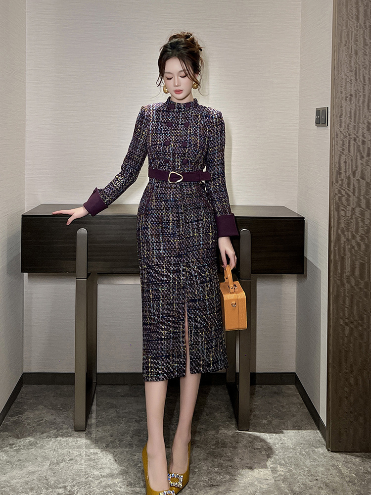 Đầm tweed nữ dài tay hai hàng khuy thắt eo ôm hông — Màu tím, Màu cà phê sữa