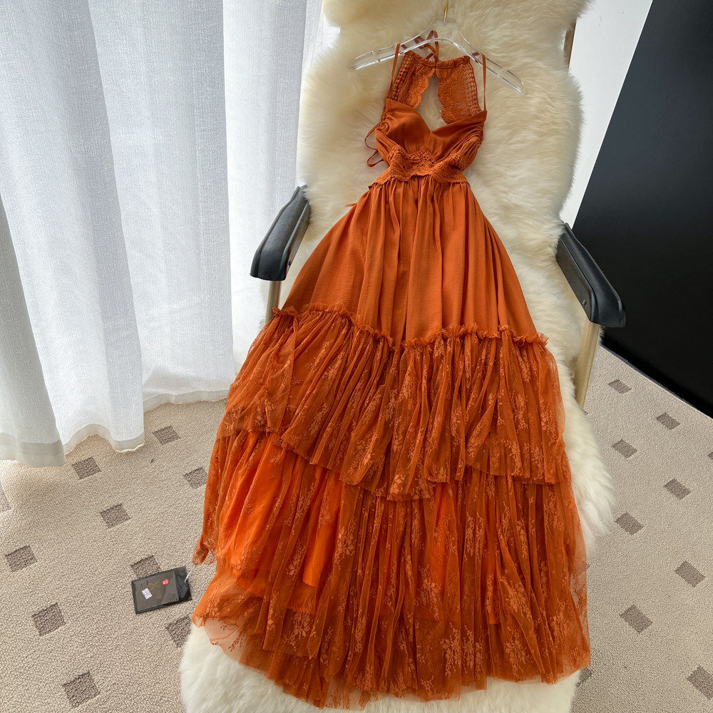Lace Trim Backless Summer Dress Slim Fit Waist Defined Flowy Maxi Perfect for Vacations and Special Occasions