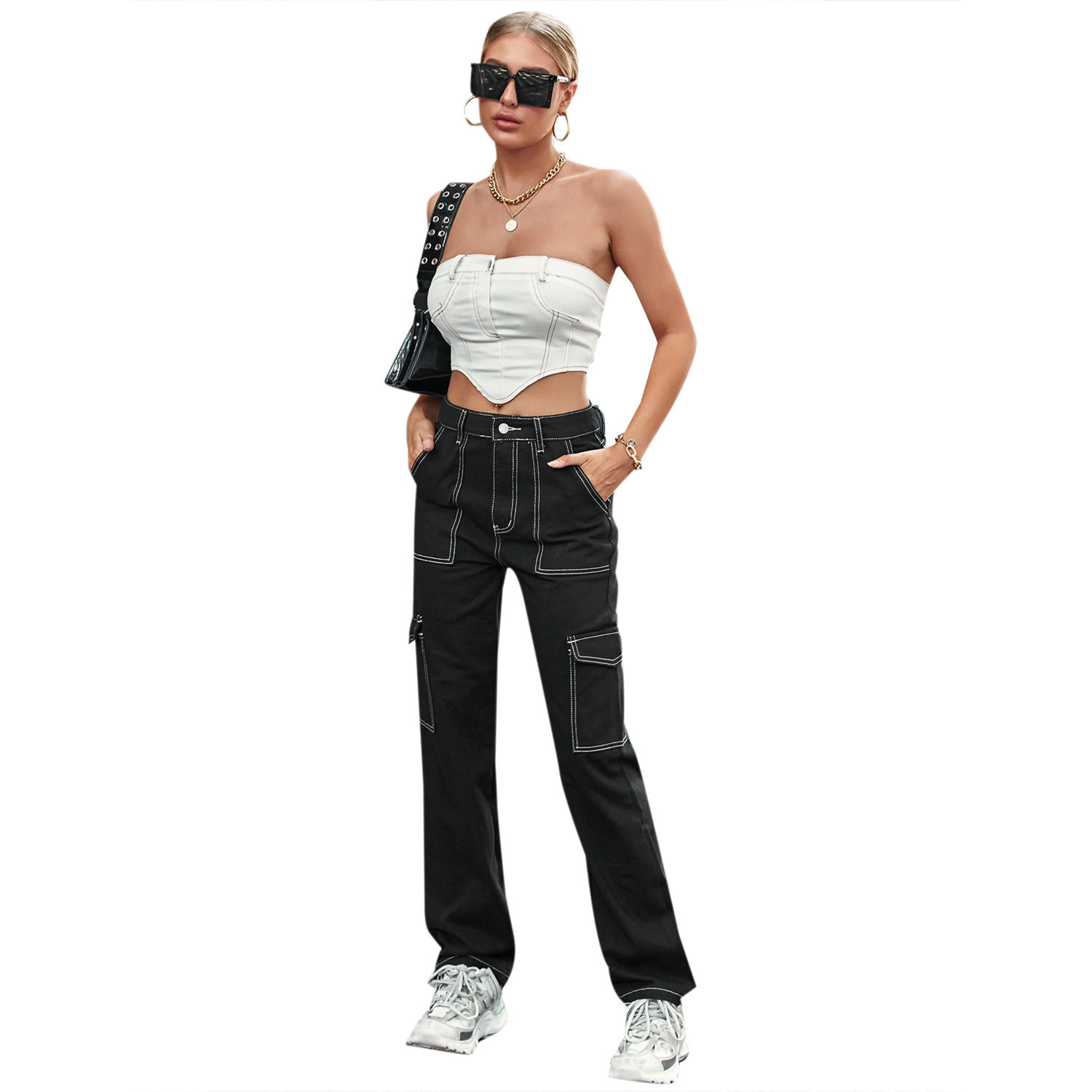 High Waisted Denim Pants Casual Style Patchwork Design Functional Pockets Versatile for Everyday Wear Wholesale