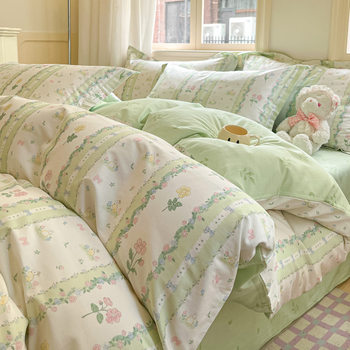 Small fresh cotton bedding four-piece cotton bed hat student dormitory bed single quilt cover three-piece wholesale