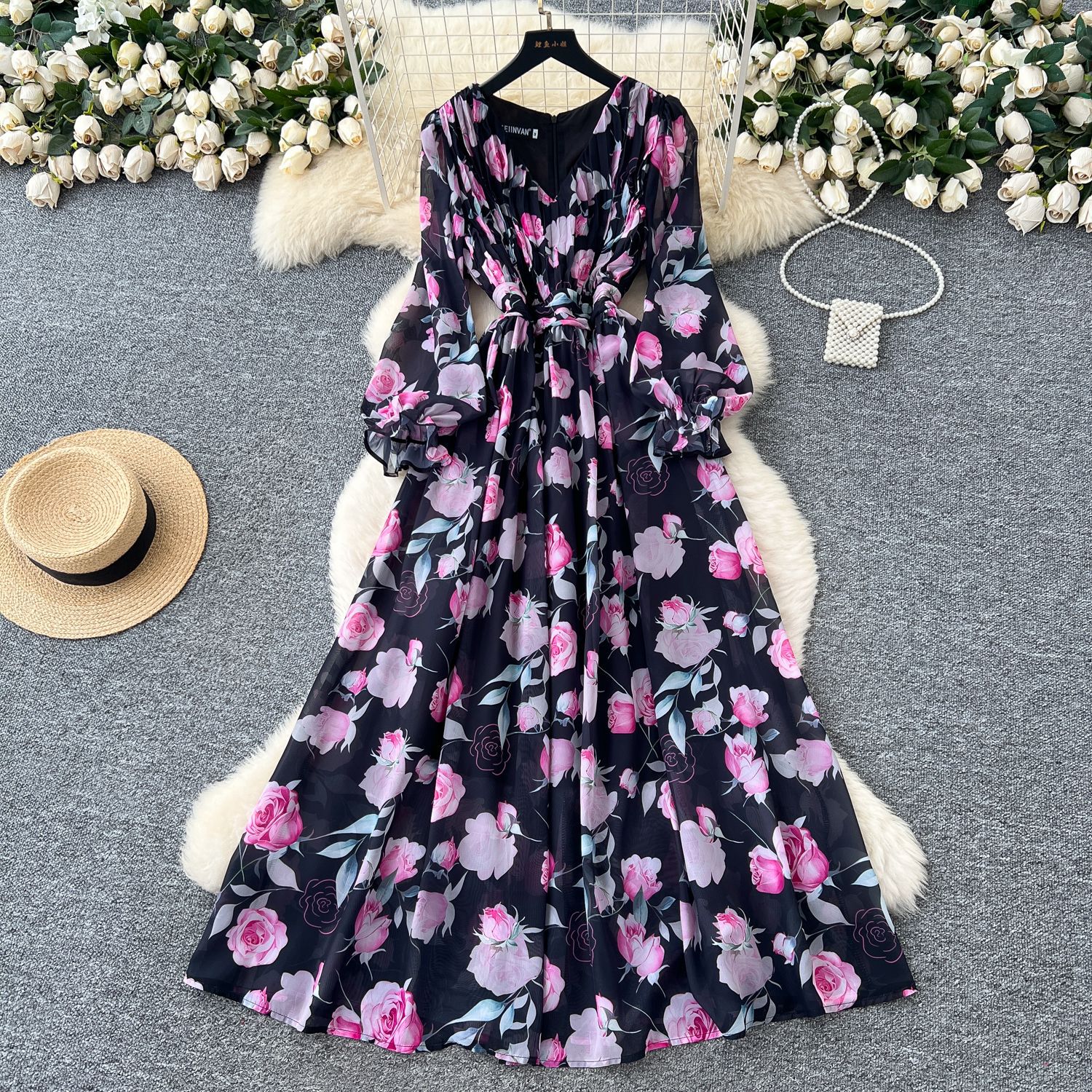 Elegant French Style Maxi Dress for Women High End Waist Defining Floral Print Lightweight Chiffon Perfect for