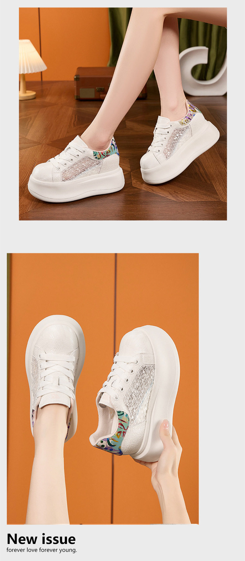 Giày sneaker nữ chunky đế dày màu trắng, phối dây buộc, form thể thao — Hũ trắng vàng, Bột trắng chi tiết 13