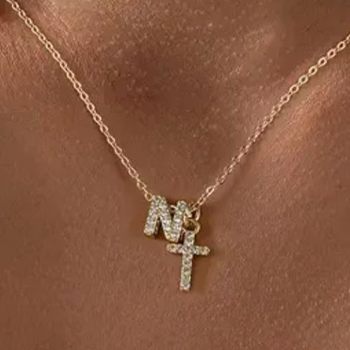 Cross-border European and American Zircon Inlaid 26 Letter Necklace Diamond Cross Necklace English A- Z Light Luxury Clavicle Chain for Women