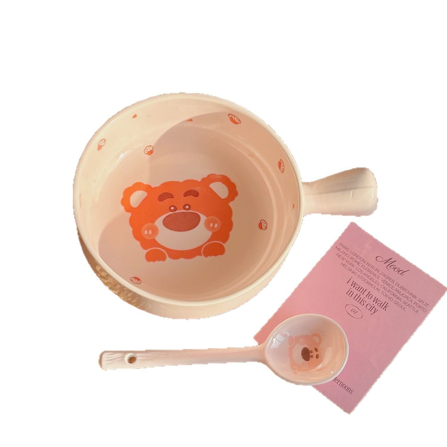 Strawberry Bear Ceramic Handle Bowl Household Cute Rice Bowl Oven Special Baking Bowl Student Dormitory Single Handle Instant Noodle Bowl