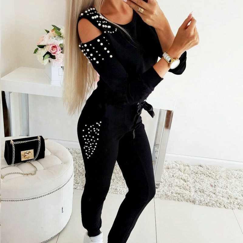 2025 European and American Autum Aliexpress Hot Selling Off-Shoulder Sexy Beaded Pure Color Sports Round Neck Long-Sleeved Casual Suit