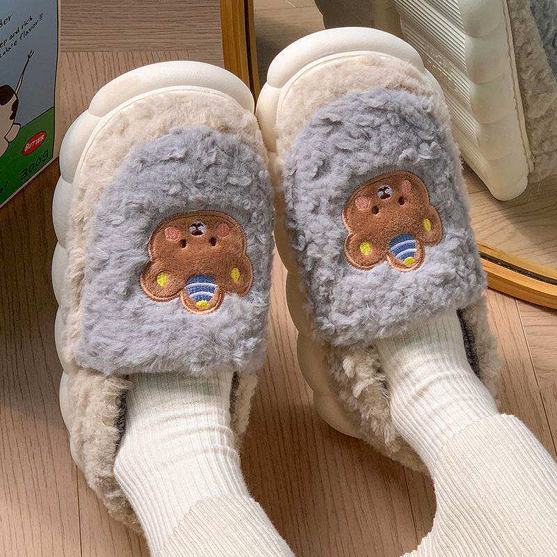 Couple Slippers Plush Printed Bear Thick-Soled Non-Slip Heightening Warm Cotton Slippers for Women 2025 Autumn and Winter New Style