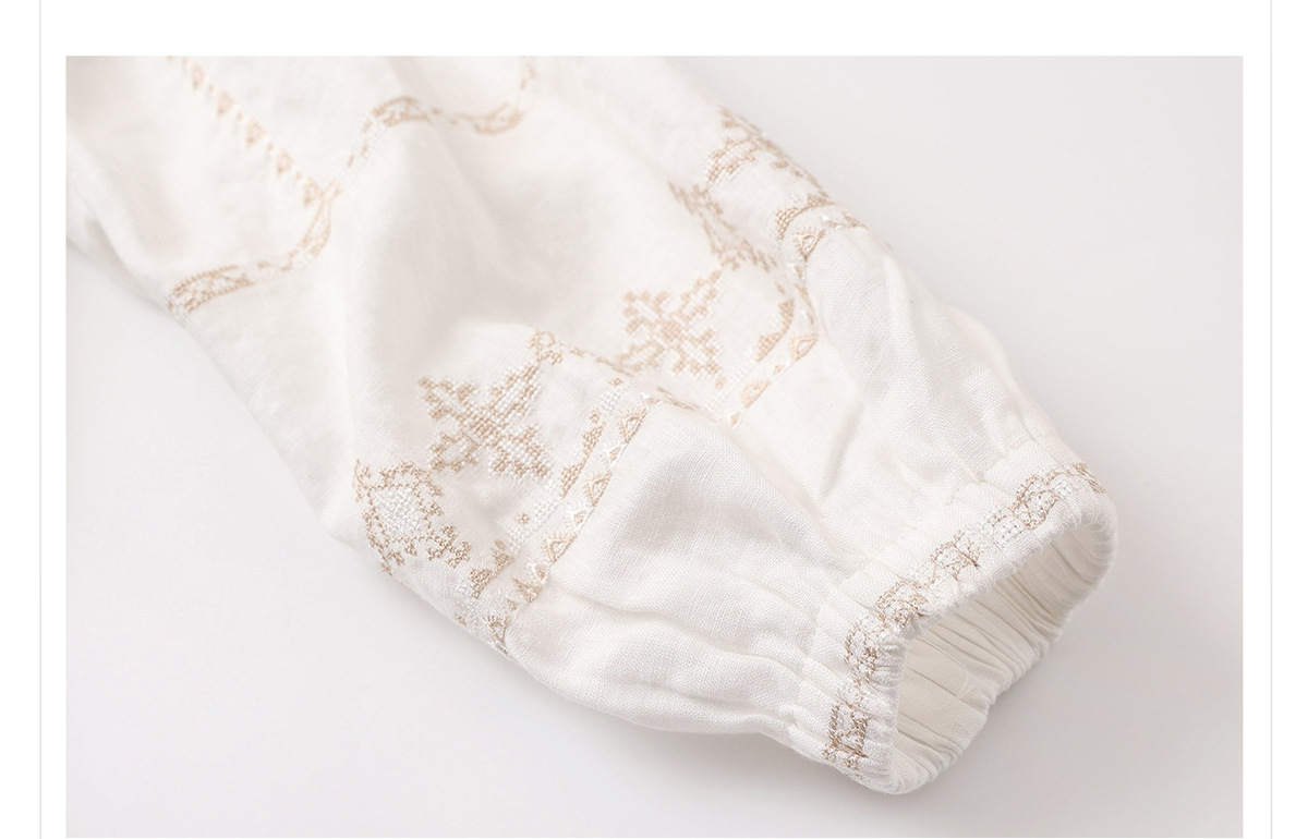 Áo sơ mi nữ linen dài tay thêu họa tiết dáng rộng — Màu trắng be, Màu xanh đậm, Màu xanh lam nhạt