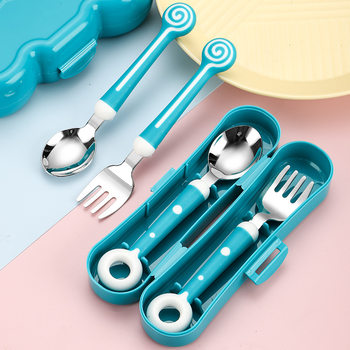 Children's spoon Fork tableware set 316 stainless steel anti-fall cartoon baby feeding supplementary food scraping mud convenient storage