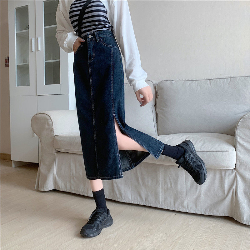 High Waisted Denim Skirt Vintage Style Mid Length Slim Fit Side Slit Spring Summer Fashion Wholesale Available